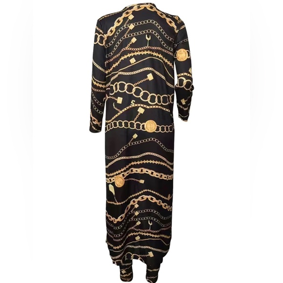 Chain Print Casual Two-piece Set, Open Front Coat & Slim Long Length Pants - Picture 3 of 6